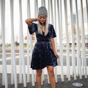 American Eagle Crushed Blue Velvet Tie Wrap Dress